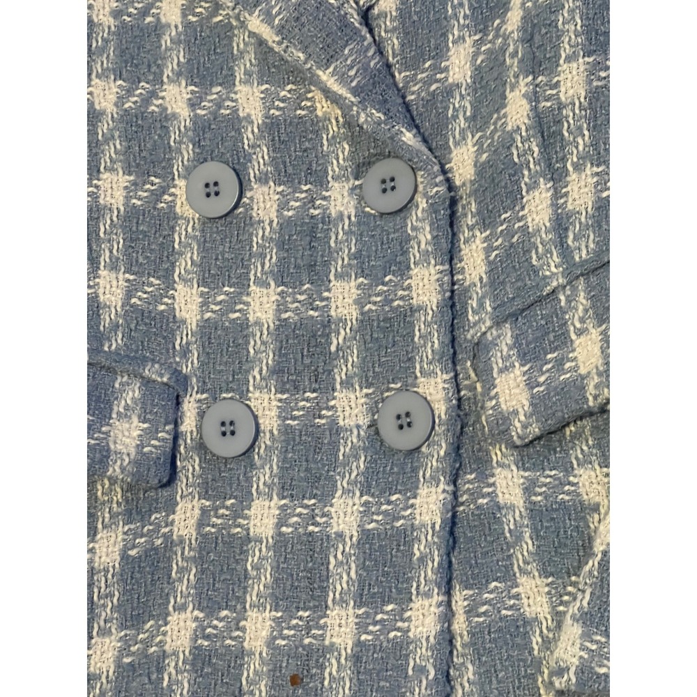 HYFVE Blue White Plaid Tweed Double Breasted Blazer Jacket Womens S Quiet Luxury - Picture 3 of 10